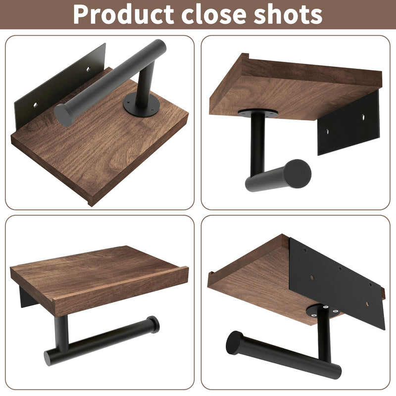 Wood Toilet Paper Holder with Wood Shelf, Wall Mount Tissue Paper Roll Holder, (Walnut) Walnut Wood & Matte Black