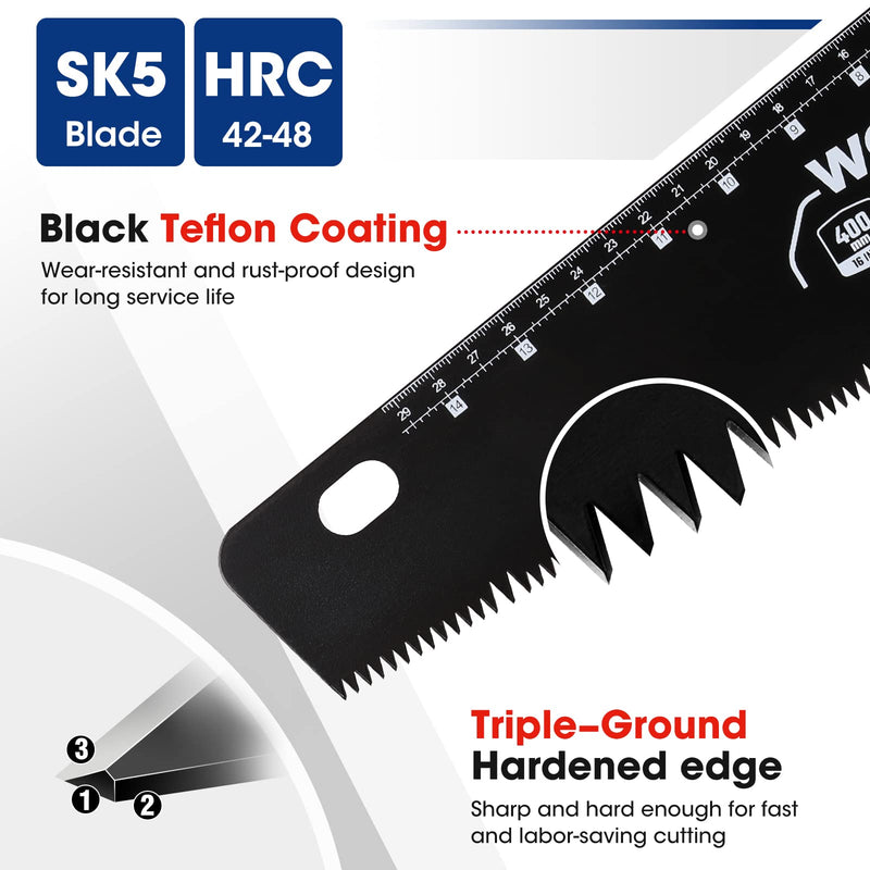 WORKPRO Hand Saw, 16-Inch Universal Handsaw with Non-Slip Comfortable Handle, Anti-rust Wood Saw With Chip Removal Design, Heavy-Duty Hand Saw for Cutting Wood, Laminate, PVC