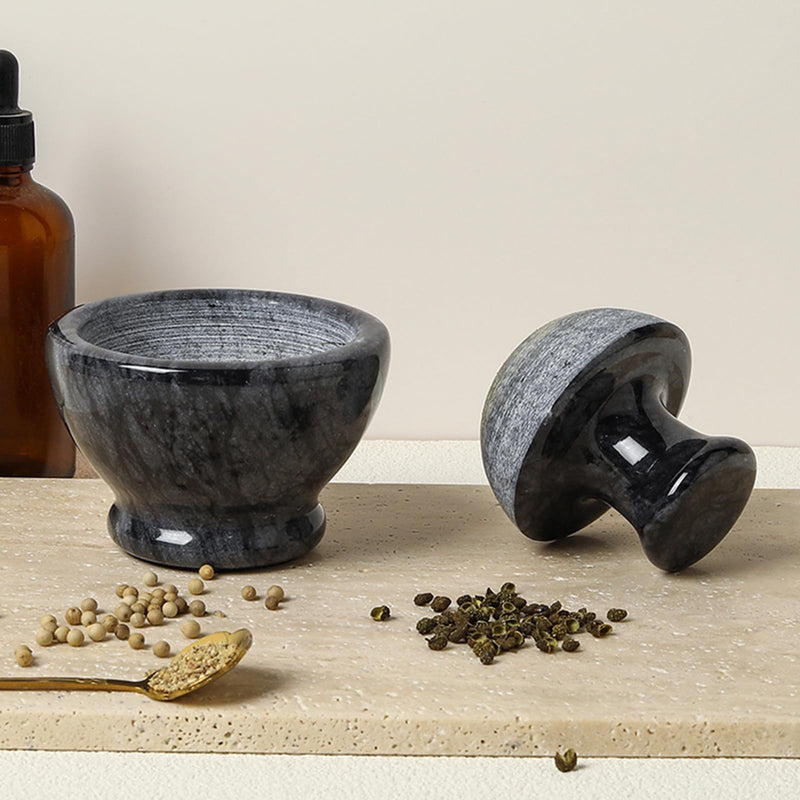 Marble Mortar and Pestle Set for Grinding Herbs Spice Pills Seeds Guacamole Garlic and Ginger Stone Grinder Seasoning Crusher Elegant and Cute Kitchen Tools Black
