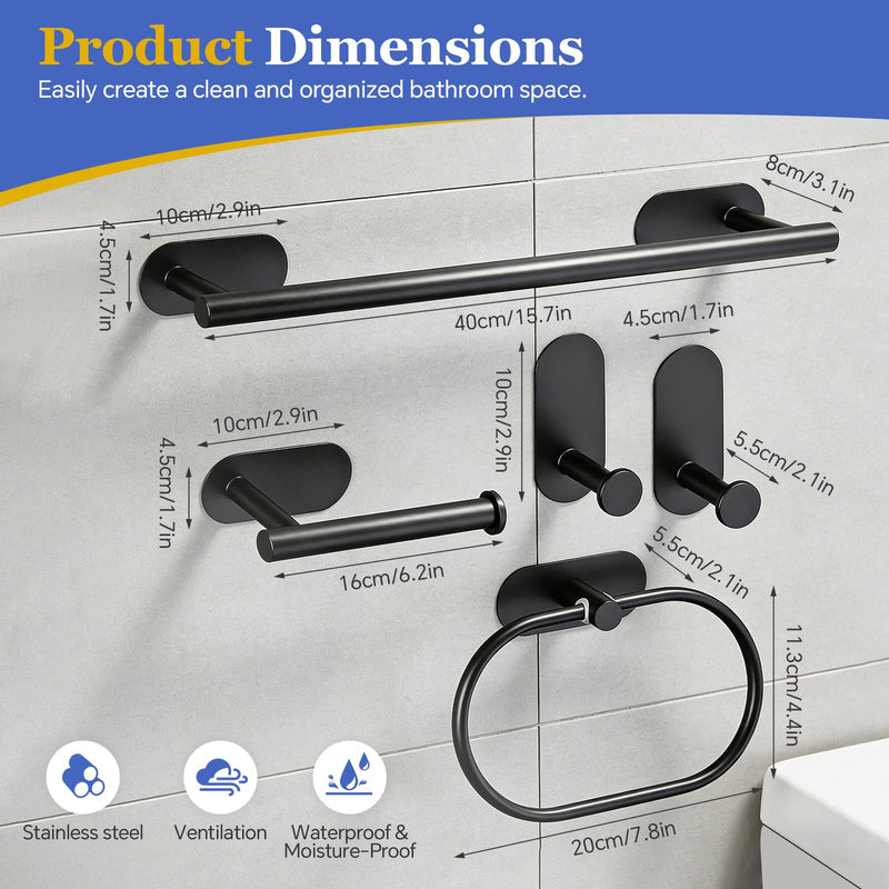 5 Piece Bathroom Hardware Set, 15.7 Inch Towel Bar, Towel Racks for Bathroom, Toilet Paper Holder, Towel Ring, Towel Hooks, Stainless Steel Matte Black Bathroom Accessories Set