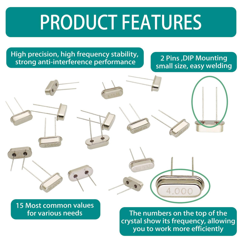 150Pcs 15Value Crystal Oscillator Resonators Assortment Kit 4 MHz，4.096 MHz，6 MHz，6.5536MHz，8 MHz，10 MHz，11.0592 MHz，12 MHz，13.56 MHz，16 MHz，20 MHz，22.1184 MHz，24 MHz，27.145 MHz，48 MHz