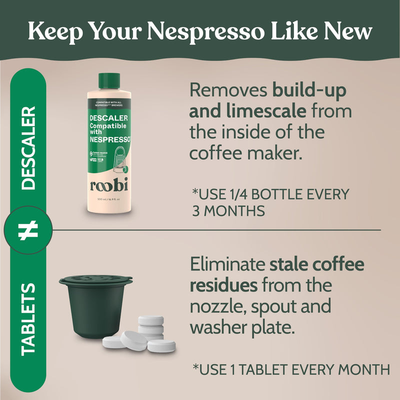 Roobi Descaling and Cleaning Kit Compatible with Nespresso Originaline. Includes 1 Bottle of Descaling Solution, 12 Cleaning Tablets and 1 Reusable Pod. Carbon Neutral. 1 Year Supply. Descaling & Cleaning Kit