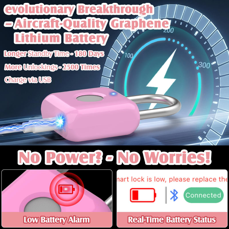 Pothunder Fingerprint Padlock, Locker Lock, Combination Lock, Fingerprint Lock with APP Unlock, USB Rechargeable, Suitable for Gym Locker, Door, Locker Rosebud Pink