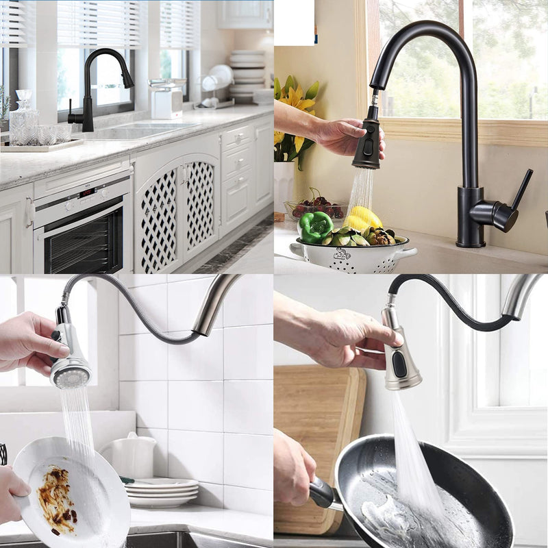 Hibbent Kitchen Faucet Head Replacement with Pull Down Spray Head, 3 Function Faucet Sprayer Nozzle - 15 Adapters Compatible with Moen, American Standard, Delta, Kohler - Brushed Nickel Stay on spray with hold button(common)