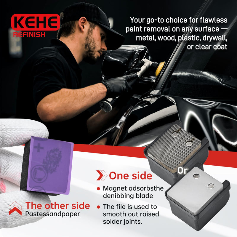 Automobile Spray Paint Point Repair Scraper with Removable Handle,Carbide Tungsten Repair Scraper Tool Paint File for Edge Banding, Denibbing, and Spot Repair Double-hole+handle+box+sandpaper