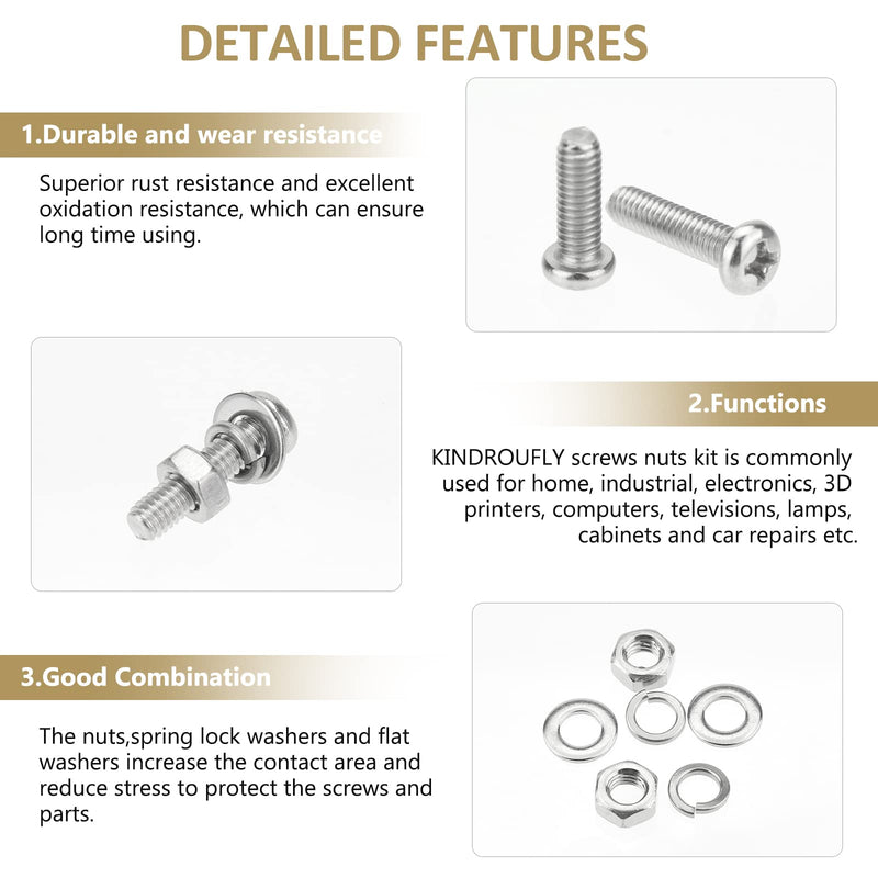 372 Pieces M4 x 6/8 /12/16 /20/25 /30mm Phillips Pan Head Machine Screws Nuts Washers Assortment Kit, 304 Stainless Steel, Fully Machine Thread