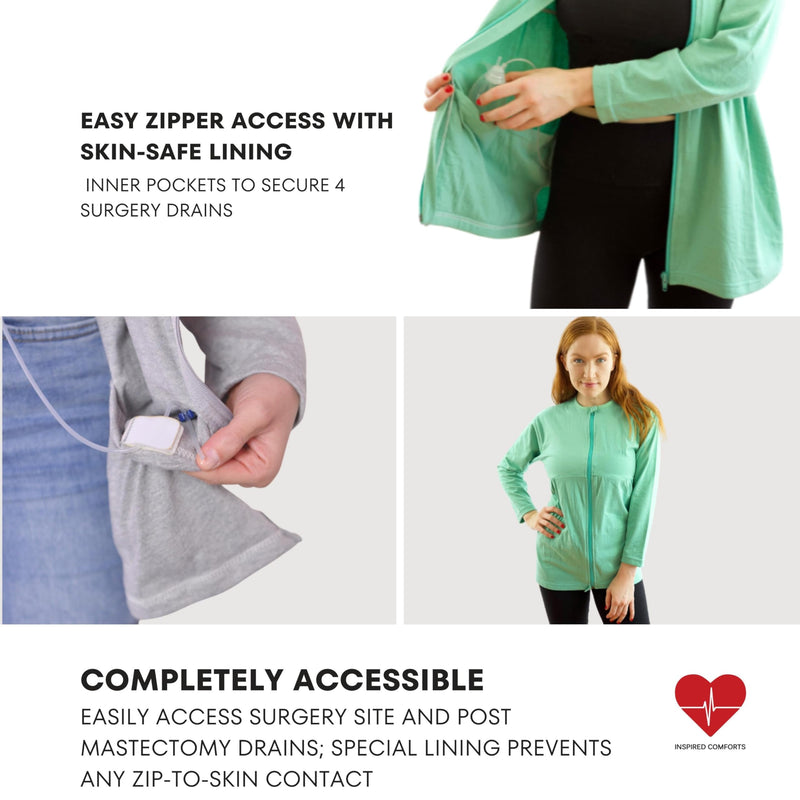Inspired Comforts Women's Mastectomy Recovery Full Sleeves Front Open Zip Up Shirt with Drain Pockets Large Green