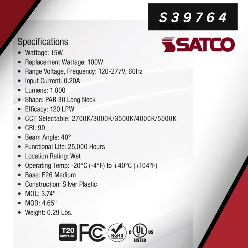 Satco S39764 15 Watt PAR30 Long Neck LED Reflector Light Bulbs High Lumen 27K/30K/35K/40K/50K CCT Selectable E26 Medium Base 120-277 Volt Wet Location Non-Dimmable (2 Pack)