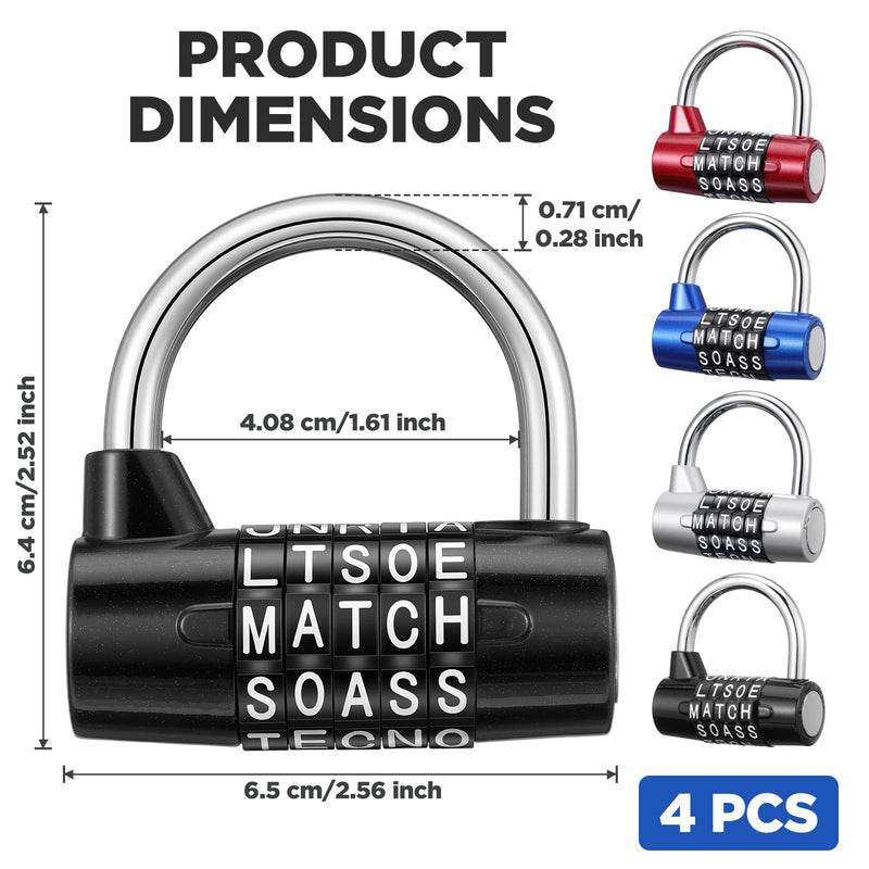4 Pack 5 Letter Combination Lock - Keyless Resettable Word Padlocks for Gym Lockers, Toolboxes, Cabinets & Hasp - Heavy Duty Zinc Alloy, 5 Digit Combo (Black, Silver, Red, Blue)