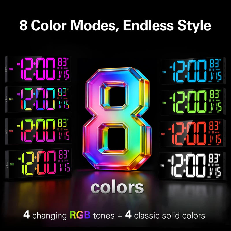 JALL 16.15 inch Large Digital Wall Clock, RGB Lights with Remote Control, Dual Alarms with Big LED Display, Auto DST, C° / F° Temperature for Classroom, Birthday Gift, Senior Black 16 inches