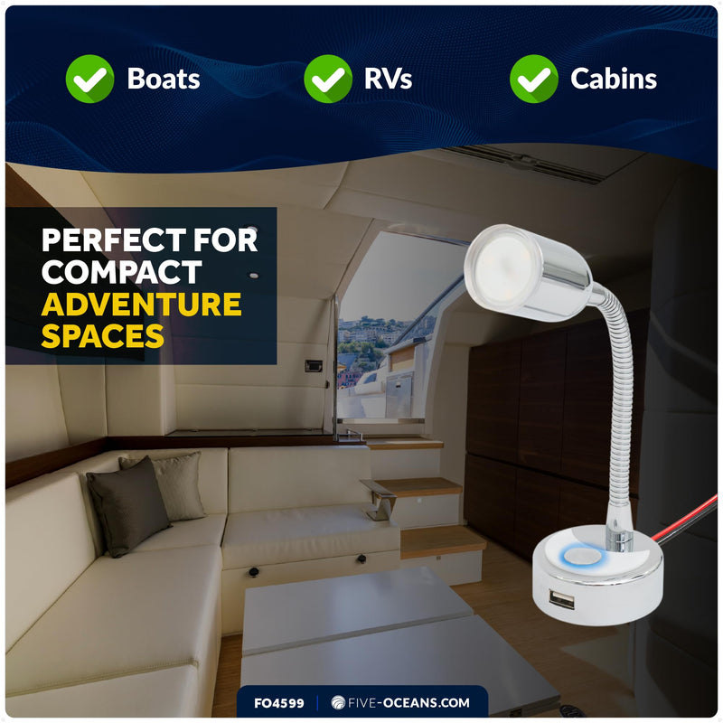 Five Oceans LED Reading Light with USB Charging Port, 12V Warm White, Touch On-Off Switch, Flexible Gooseneck Style RV Interior Lighting for RV, Boat, Camper - FO4599