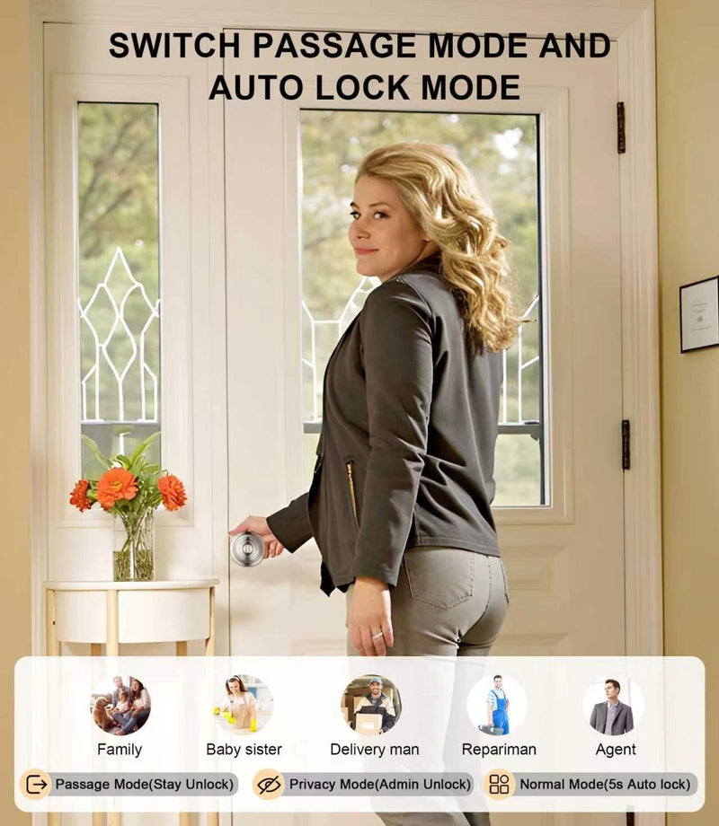 Smart Keypad Door Lock with Handle, Smart Door knobs with Lock, Auto Door Lock with Code and App, Keyless Entry Door Knob for Bedroom, Front Door, Smart Home, Apartment, Local Data Storage Silver