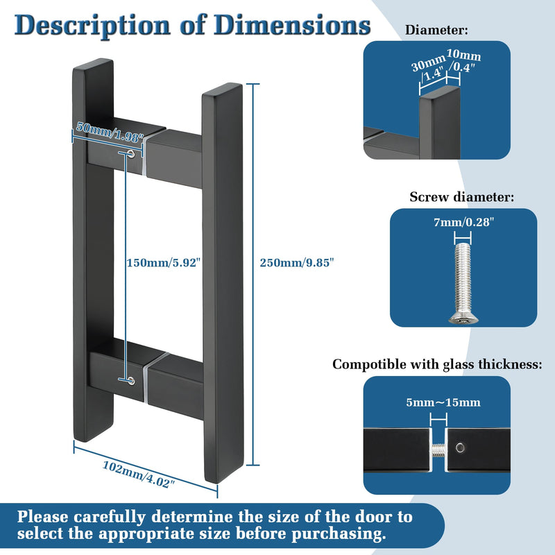 Alise 6" Shower Door Handle,Sliding Door Handles,Push Pull Glass Door Handle, Square Back to Back Shower Doors Handle, SUS304 Stainless Steel Shower Doors Hardware Replacement,Matte Black 6 Inch