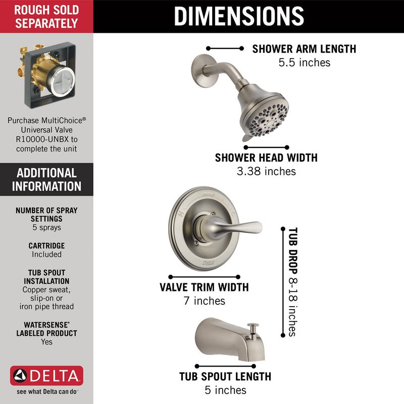 Delta Classic 13 Series 5-Setting Bathtub and Shower Faucet Set, Brushed Nickel Shower Head and Handle Set, Valve Trim Kit, Stainless T13420-SS (Valve Not Included)