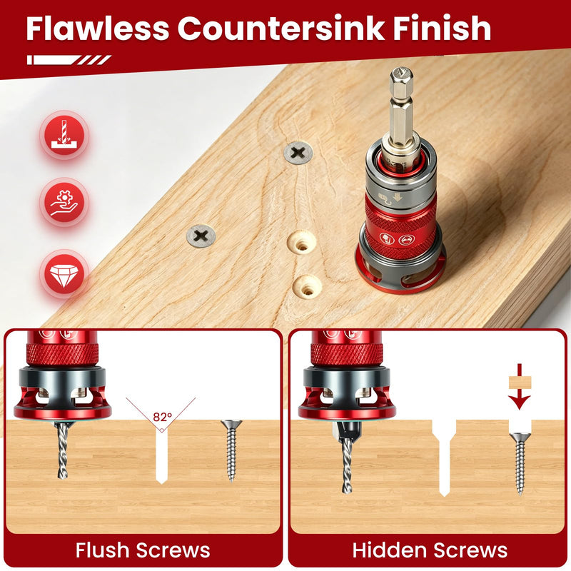 6 PCS Quick-Adjust Countersink Drill Bit Set, Auto-Locking Depth Adjustment, Auto-Stop Aluminum Alloy Collar, 5 HSS M2 Bits with 82-Degree TCT Cutters, 1/4" Hex Shank Counter Sink Drill Bit for Wood 6 PCS Quick Adjust Set