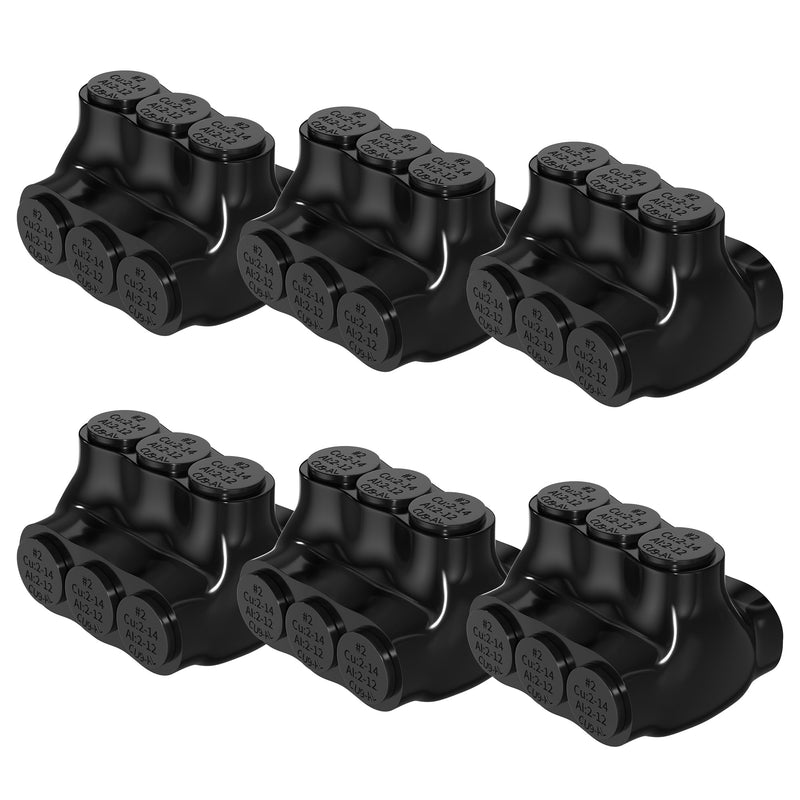 Insulated Multi Tap Connector 3 Port Dual Entry Aluminum Wire Connector 2-14 AWG Black Cable Connectors 5/32" Slotted Allen Hex - 6 Pack Dual Entry 3 Port 2-14 AWG