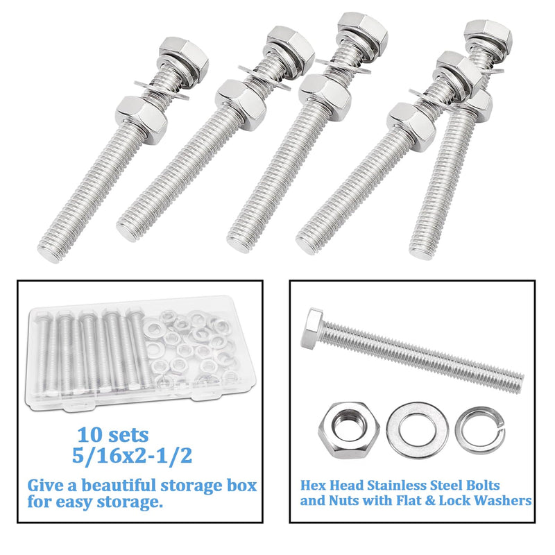 10 Sets 5/16-18 x 2-1/2" Stainless Steel Hex Head Screws Bolts, Flat, Nuts & Lock Washers,Hex Bolts 18-8(304) Full Thread 5/16-18 x 2-1/2"（10 Sets）
