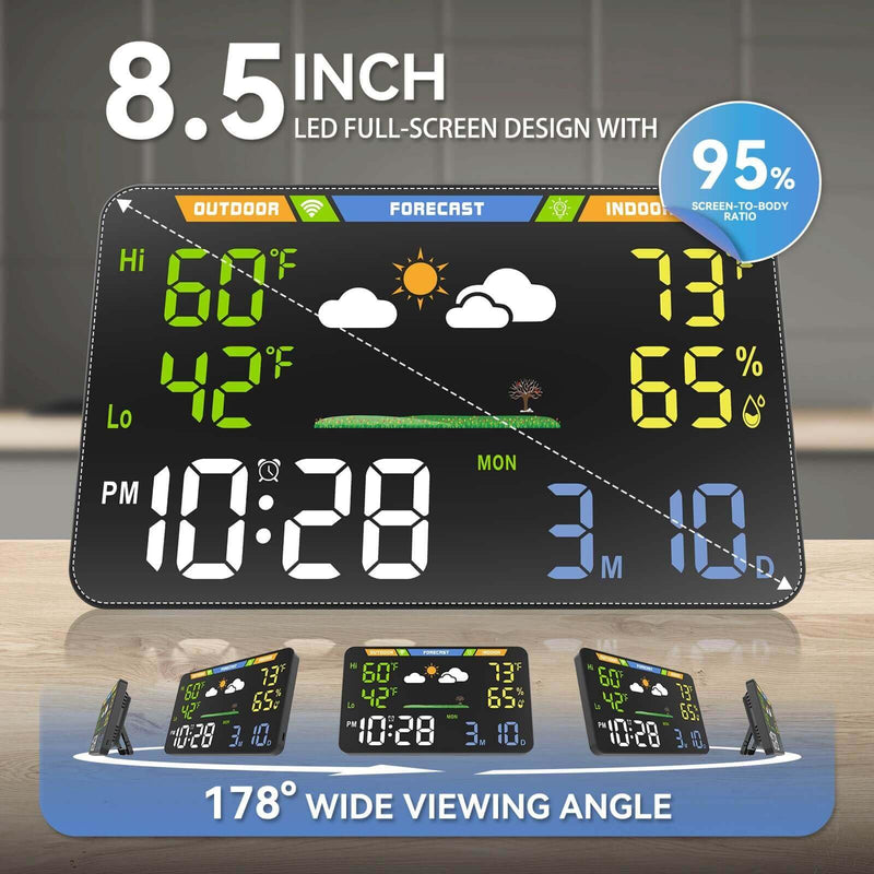 EnvyBox WiFi Weather Station 8.5" LED Display | Privacy-Focused, No App Required, Syncs Weather & Time for Home/Office | Accurate Weather Data, Dual Power Options, Black