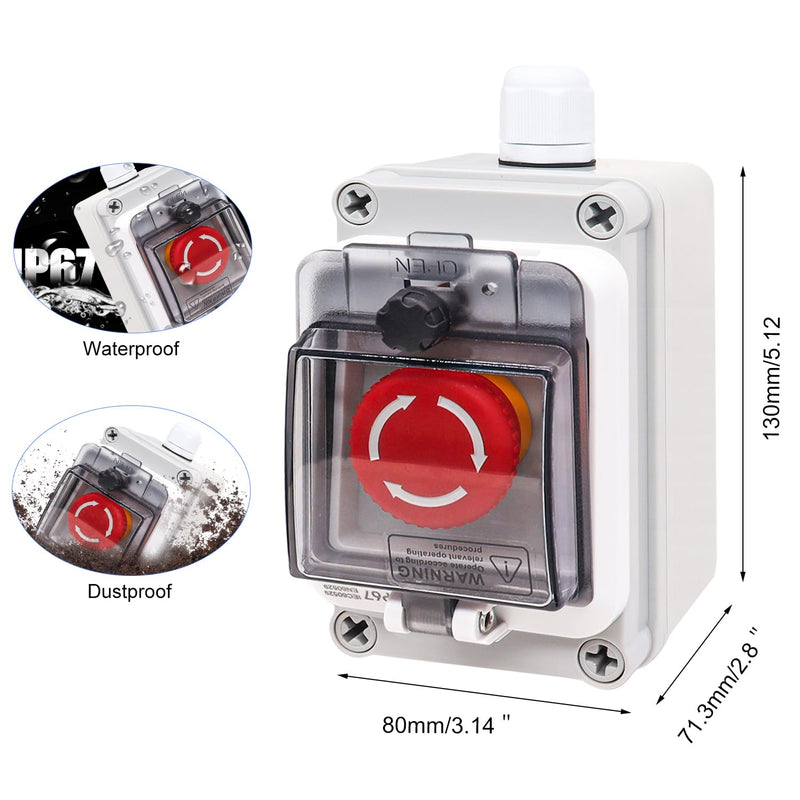 Taiss Emergency Stop Switches 1NC 1NO E-Stop Switches with IP67 Waterproof Box, Red Mushroom Latching Emergency Stop Push Button Switch e-Stop Push Button with Box IP67 style