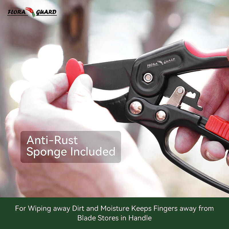 FLORA GUARD Garden Clippers, Professional Ratchet Pruning Shears, Increases Cutting Power 3x, Sharp Gardening Scissors, Cutting Rose, Flower, Hedge, Stem, Tree, Perfect for Weak Hands & Arthritis Reachet Pruner -Classic
