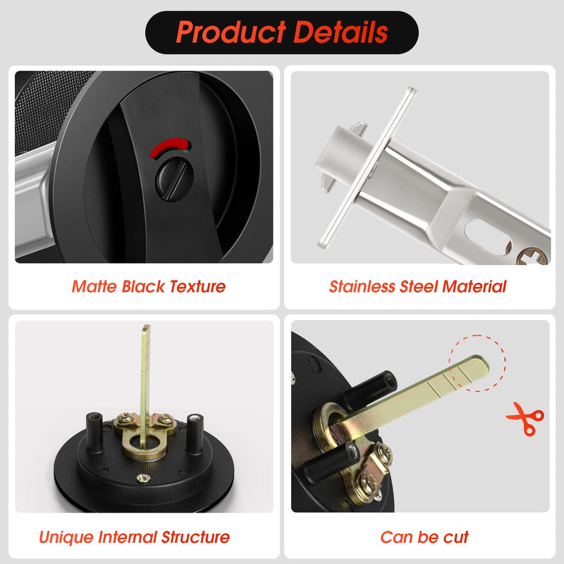Matte Black Pocket Door Hardware with Indicator, Contemporary Privacy Round Pocket Door Lock, Heavy Duty Flush Pocket Door Hardware for Bathroom, 2-3/8" Backset, Matte Black Privacy with Indicator