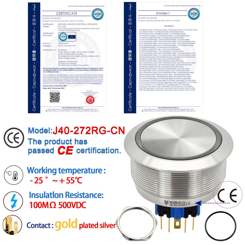 40mm 1.57" Momentary Big Push Button Switch 2 Color Light Red and Green 12VDC/AC Stainless Steel 316 Waterproof IP67 DPDT with Wire (Volts, 12) 12.0 Volts