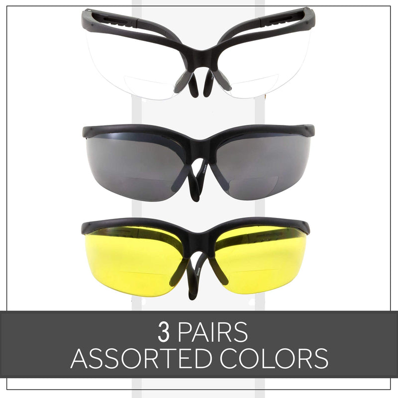 grinderPUNCH 3 Pairs Combo Bifocal Safety Reading Glasses - Assorted Colors Clear Black Yellow Lens - With Side Cover (Diopter +1.00) Diopter +1.00