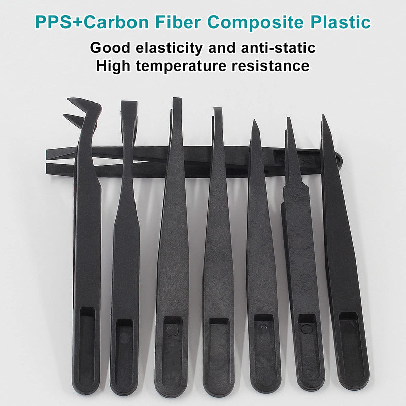 8Pcs Precision Plastic Tweezers, 4.5-4.8 Inch Anti-Static Tweezers Set with Curved and Straight Tips for Electronics Assembly, Watch Repair, Crafts Making (114-123mm, Black) 8