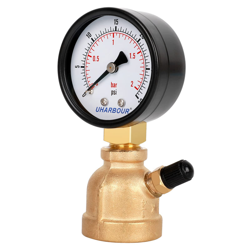 Gas Line Pressure Tester, Brass Gas Pressure Tester Gauge, 3/4" FNPT Forged Brass Assembly with Air Pressure Gauge 30psi and Air Bleeding Valve for Pressure Testing on Home Gas Line 30Psi Brass gas pressure tester