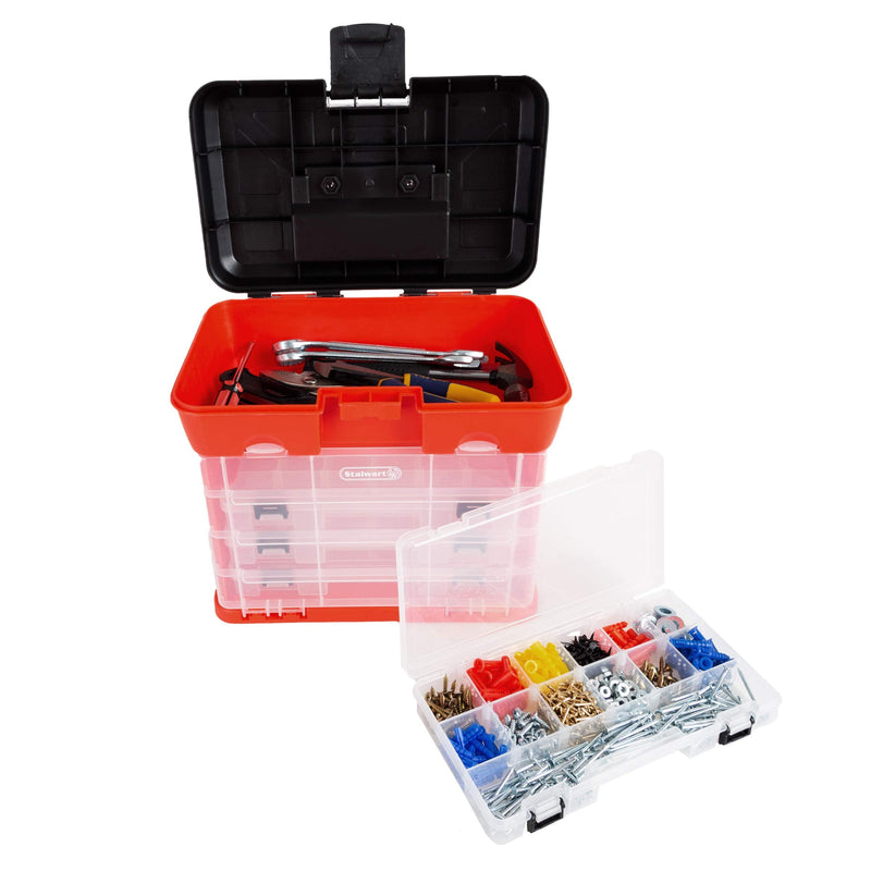 Storage Tool Box - Portable Multipurpose Organizer With Main Top Compartment and 4 Removable Multi-Compartment Trays by Stalwart,Red,11 in x 7 in x 10 in Red