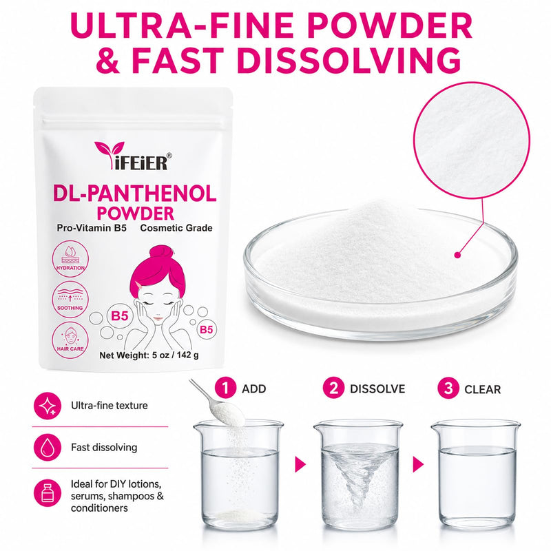 iFEiER Pure DL-Panthenol Powder 5oz (142g) Bulk Size– Cosmetic Grade, Water-Soluble B5 for Skin & Hair Care, Ingredient for DIY Creams, Shampoos & Lotions 5oz (142g)
