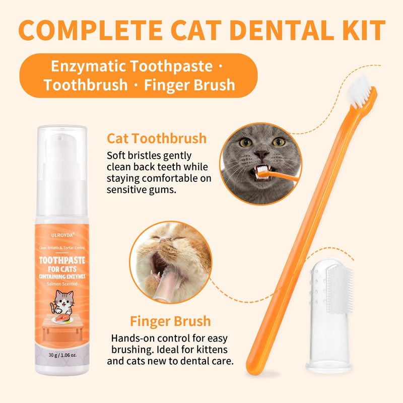 Cat Dental Kit with Salmon Flavor Toothpaste 1.06 oz | Enzymatic Cat Toothpaste, Includes Toothbrush & Finger Brush | Gentle Plaque & Breath Care 0.35 Fl Oz (Pack of 3)