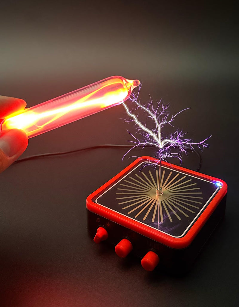 WARDENCLYFFE Tesla Coil 10MINI Red Compact Classic Tesla Coil, Dual-Knob Control, 10 cm(3.9 inches) Arc, High-Voltage Arc Display Top Red Border