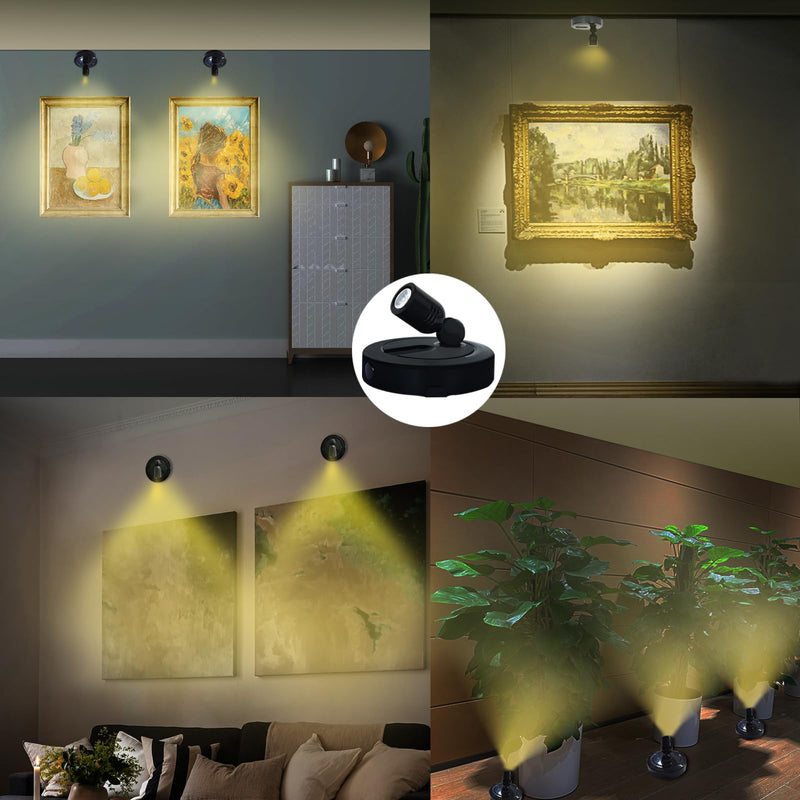 Battery LED Spotlight, Indoor Spotlights, Battery Powered Spot Lights with Remote, Up Lighting for Plants, Picture Light for Wall Art Display Dartboard Painting Artwork Accent-2Pack Black-3000K