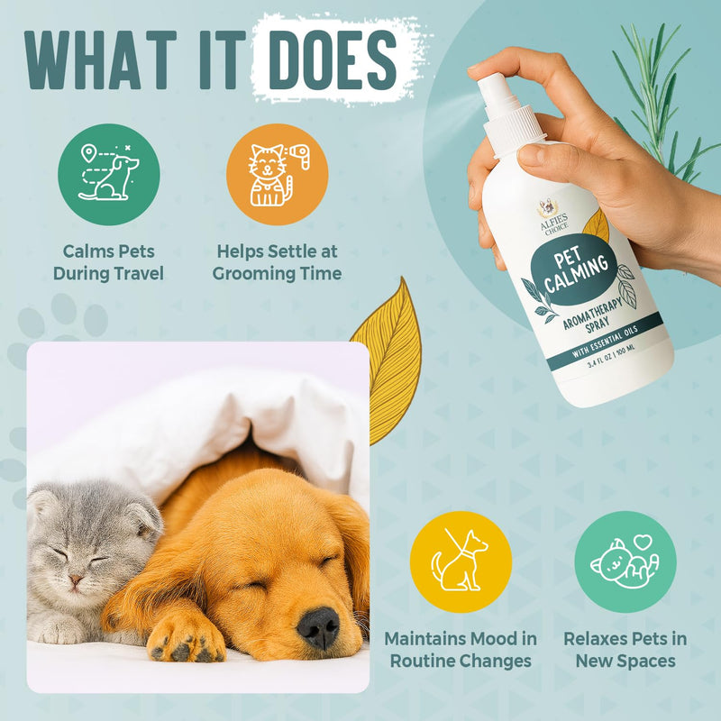 ALFIE'S CHOICE Pet Calming Aromatherapy Spray for Dogs | 3.4 fl oz Travel Size | Lavender & Valerian Aromatherapy Mist | for Crate, Car & Vet Visit Comfort