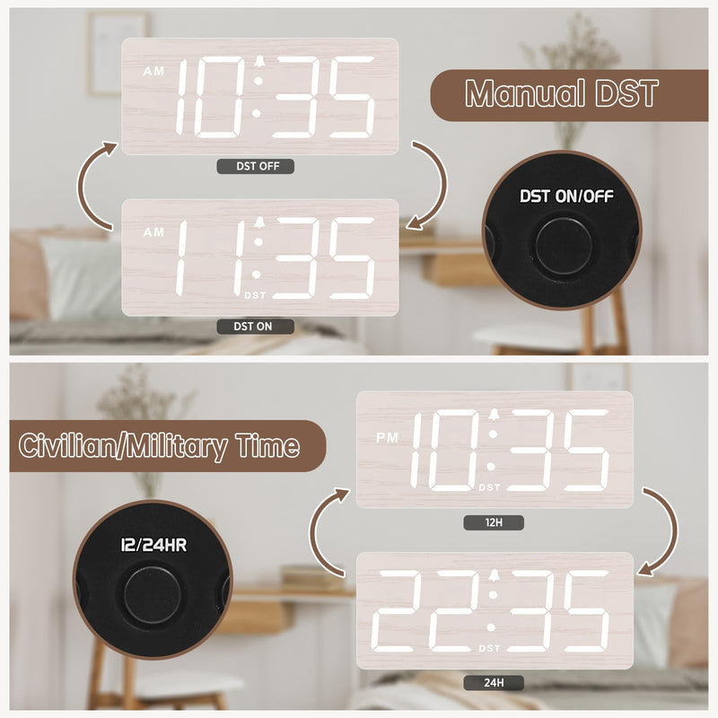 DreamSky Wooden Digital Alarm Clock for Bedroom - Desk Clock for Living Room with Large Numbers, Dimmer, Loud Alarm for Heavy Sleepers with Volume Control, DST, Office Wood Decor (Plug in Clock) White (Plug-in)