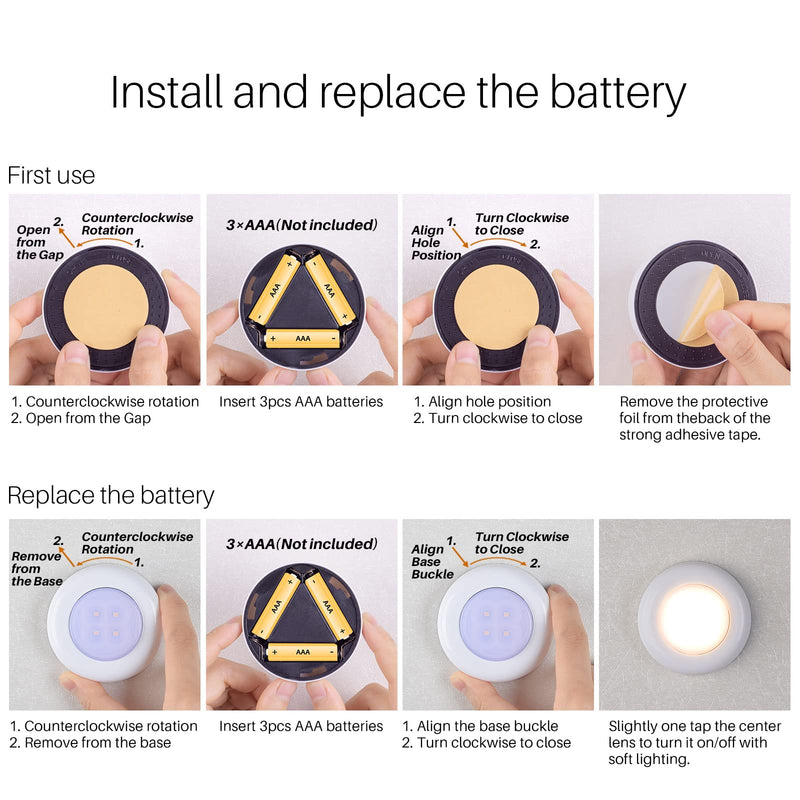 STAR-SPANGLED Push Tap Light, 2.8” Mini Night Touch LED Puck Lamp, Portable Under Cabinet Lighting AAA Battery Operated Powered, DIY Stick On Lights for Closet, Counter, Kitchen, Warm White, 5 Pack