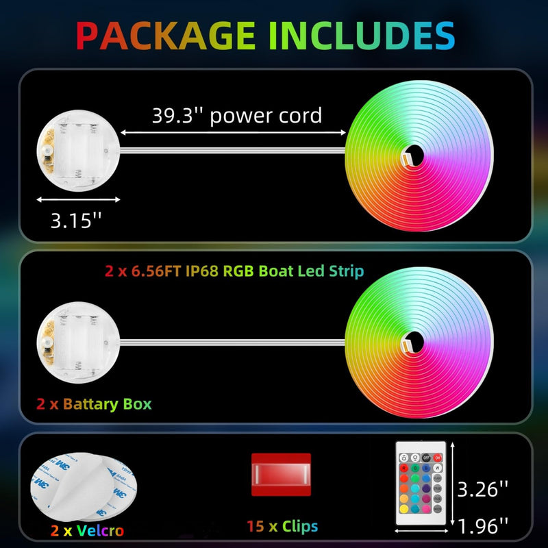Battery Powered Led Kayak Lights, RGB Color Changing Paddleboard SUP Canoes Lights, IP68 Waterproof Marine Submersible Boat Light Strip with Remote, Marine Boat Interior Light, 2 Pack