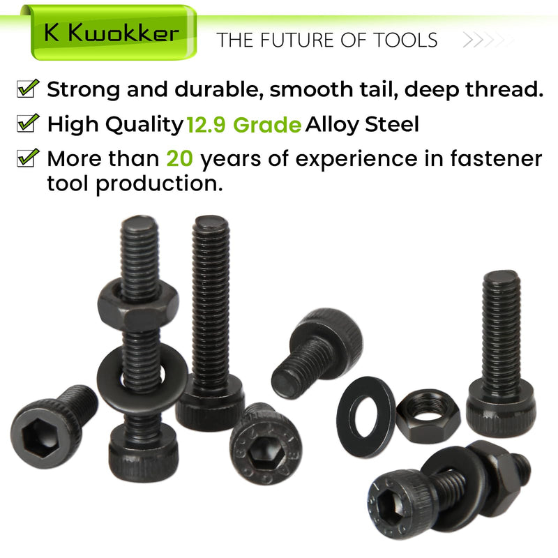 1023PCS Metric M3 Bolt Assortment 13 Lengths 4mm to 40mm, 12.9 Alloy Steel Screws Nuts and Washers Hex Socket Head Cap Machine Screws, Black Bolts and Nuts Kit A M3 Hex Socket Screws Black
