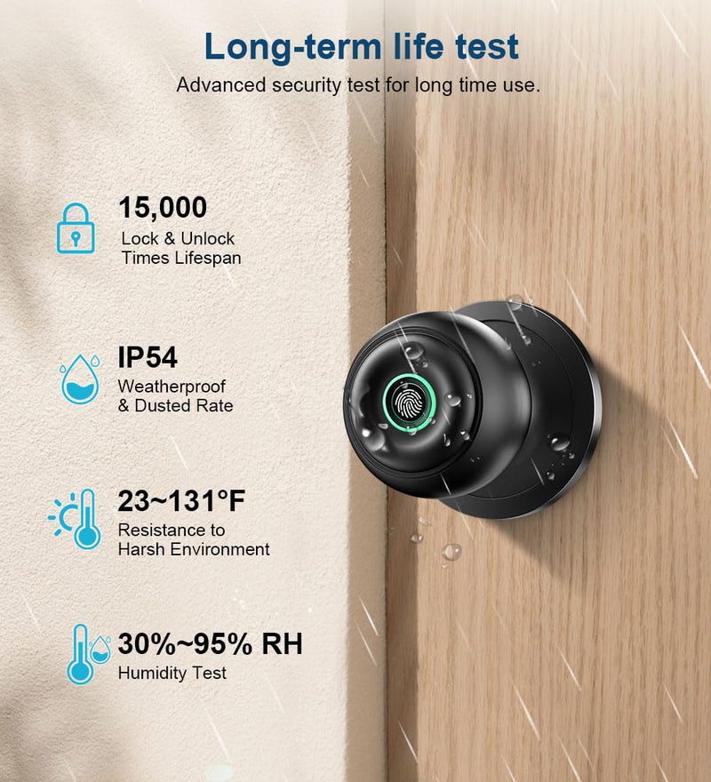 Fingerprint Door Lock, Smart Fingerprint Door Knob with Lock, Biometric Door knob with App Control & Key, Keyless Thumbprint Entry Door Lock for Bedroom, Front Door, Home, Apartment Office-Matte Black With APP-Matte Black