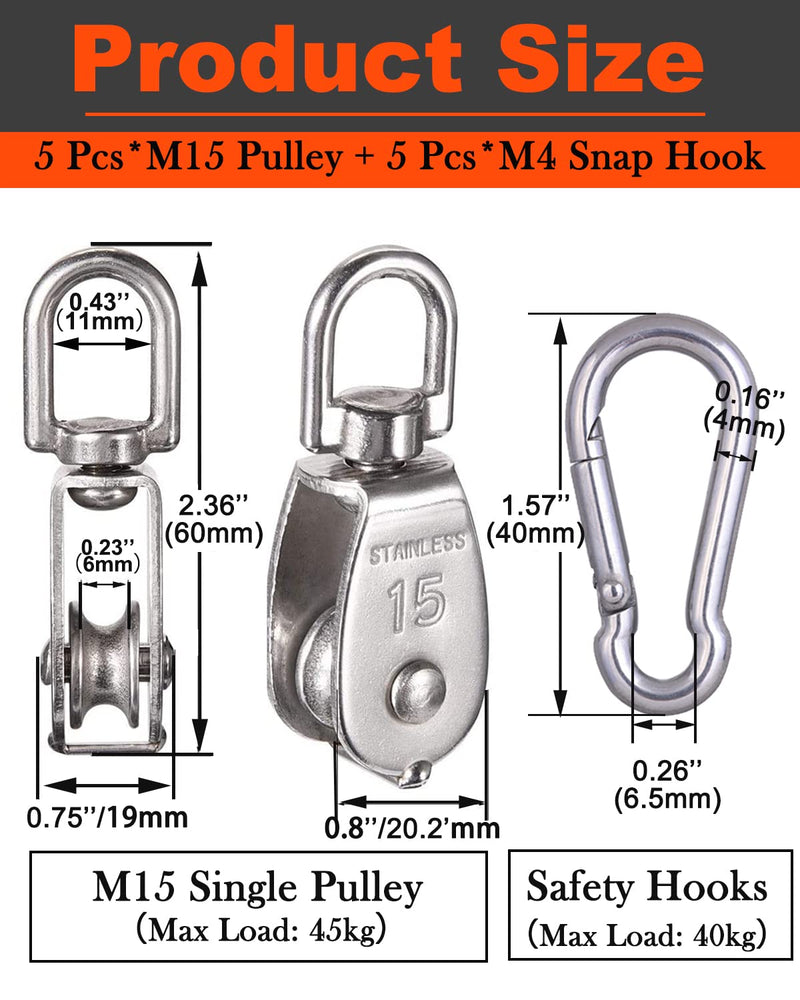 5 Pcs M15 Single Pulley Block, 304 Stainless Steel Lifting Crane Pulley, Wire Rope Hanging Pulley Wheel, with 5 Pcs Spring Snap Hook 5*M15 Pulley/Hook