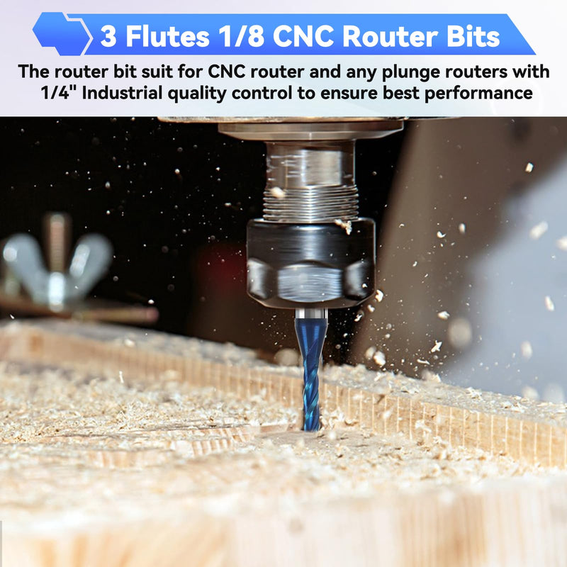 CNC Router Bit 1/8" Cutting Dia 1/4" Shank 3-Flute Extra Long End Mills | Upcut Spiral Solid Carbide End Mill with Blue Nano Coating for Wood, PVC, Aluminum PVC Engraving, 2PCS