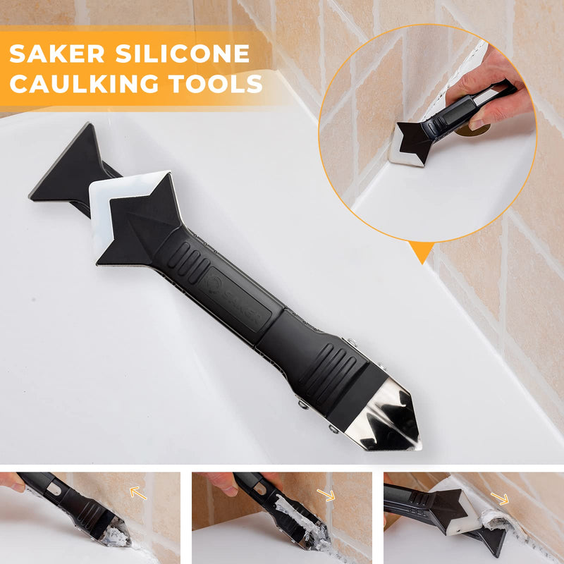 Saker Silicone Caulking Tools-3 in 1 Sealant Finishing Tool Grout Remove Scraper (Stainless Steelhead),Caulk Remover Glass Glue Angle Scraper for Bathroom,Kitchen,Floor,Window,Sink Joint,Frames Seal Black