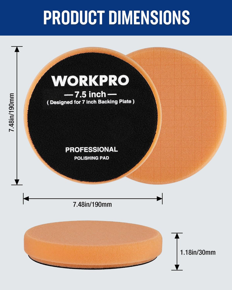WORKPRO 7.5 Inch Buffing Sponge Pads, 5Pcs 7.5 Inch Face for 7 Inch Backing Plate, Cutting Polishing Pad Kit for Car Buffer Polisher Compounding, Polishing and Waxing 7.5×7.5×1.2inch