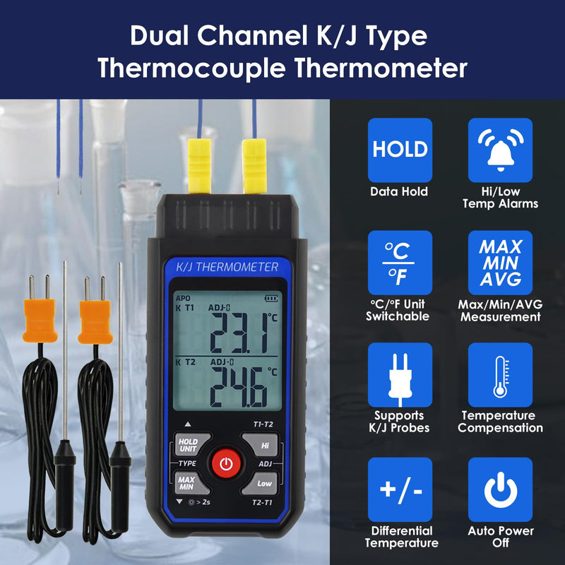Thermocouple Thermometer Digital Dual Channels K/J Type Thermometer with 4 K-Type Thermocouples, -328~2501℉ Measuring Range Temperature Meter HVAC Thermometer with Alarm & ADJ Compensation Digital 2 Channels Thermometer