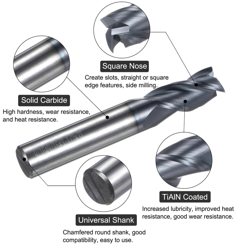 uxcell Carbide Square End Mill, 9/16" Diameter TiAlN Coated 3 Flutes Milling Bit Cutter, for Hardened Steel Stainless Steel Alloy Metal, 9/16" Shank 1-1/2" Cut Length 3-1/2" Long HRC55