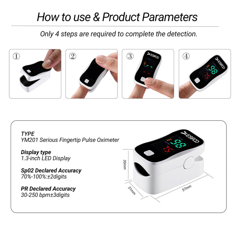 ESPOO Pulse Oximeter, Oxygen Monitor Fingertip with 2 AAA Batteries&Lanyard (White&Black) White&Black