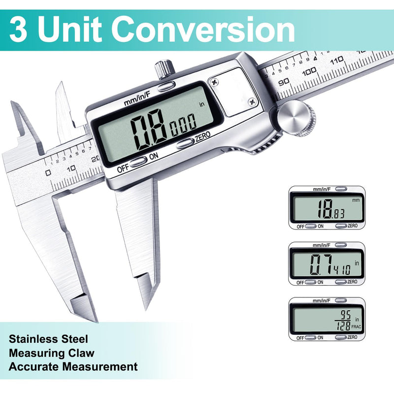 Kynup Digital Caliper 8 inch, Caliper Measuring Tool, Joint Calipers, Vernier Caliper, Stainless Steel, Full Turn Off, Switch from Inch Metric Fraction, Micrometer Digital for Household, DIY(200MM) KY-21S-3