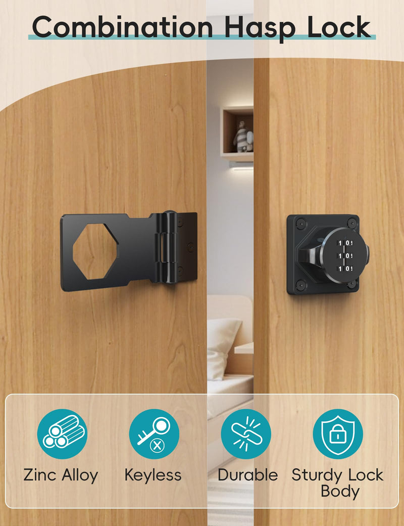 Cabinet Password Hasp Lock, Keyless Combination Lock for Small Doors, Barn, Bathroom, Outdoor, Garage, Garden, Black 1 Pack