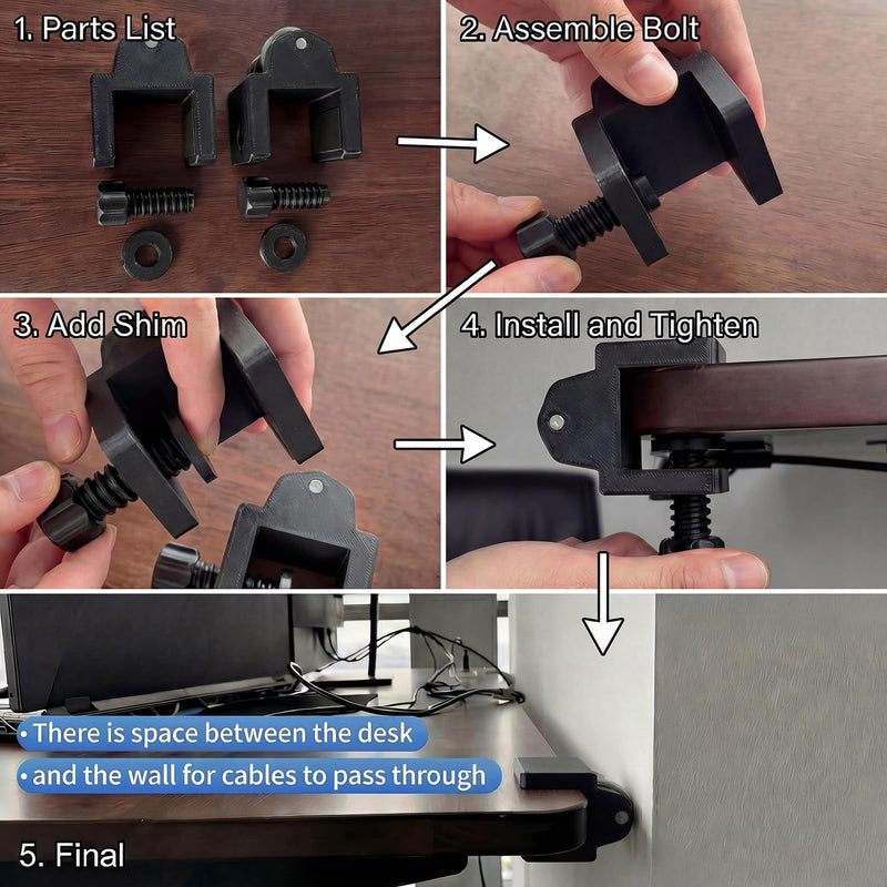 Standing Desk Anti Wobble Stabilizer Clamp 2 Pack, Helps Reduce Standing Desk Wobble, No-Drill Desktop Clamp with Rubber Roller for 1 Inch Desk Tops (Fits 0.5"–1.2") Black (2-pack 0.5"–1.2" Desk Thickness)